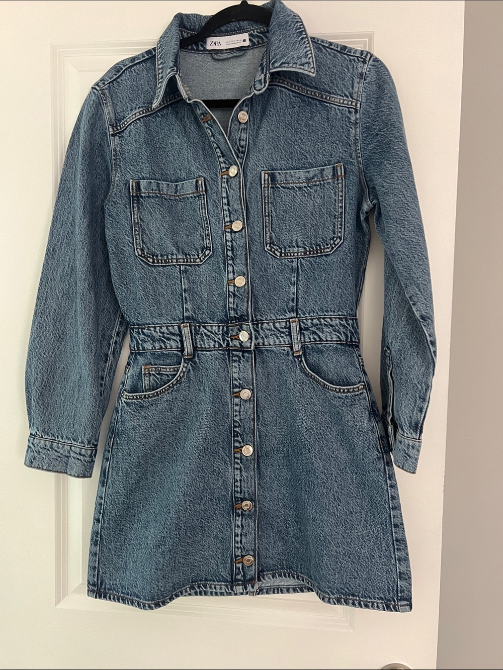 Zara Light Blue Denim Button-Front Long Sleeve Dress